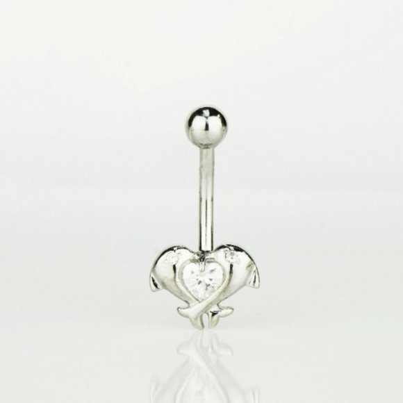CZ Heart Dolphin Belly Button Ring Piercing for Women's Ladies 14K Solid Gold - Picture 2 of 4